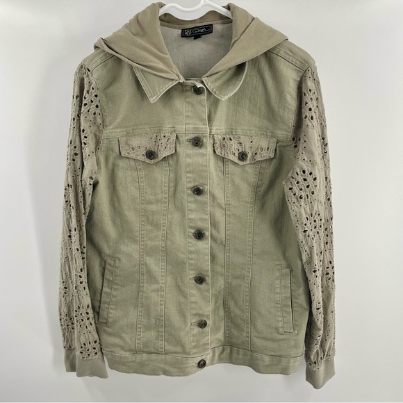 Diane Gilman DG2 Sage Green Denim Lightweight Eyelet Sleeve Hooded Jean Jacket - Picture 1 of 10